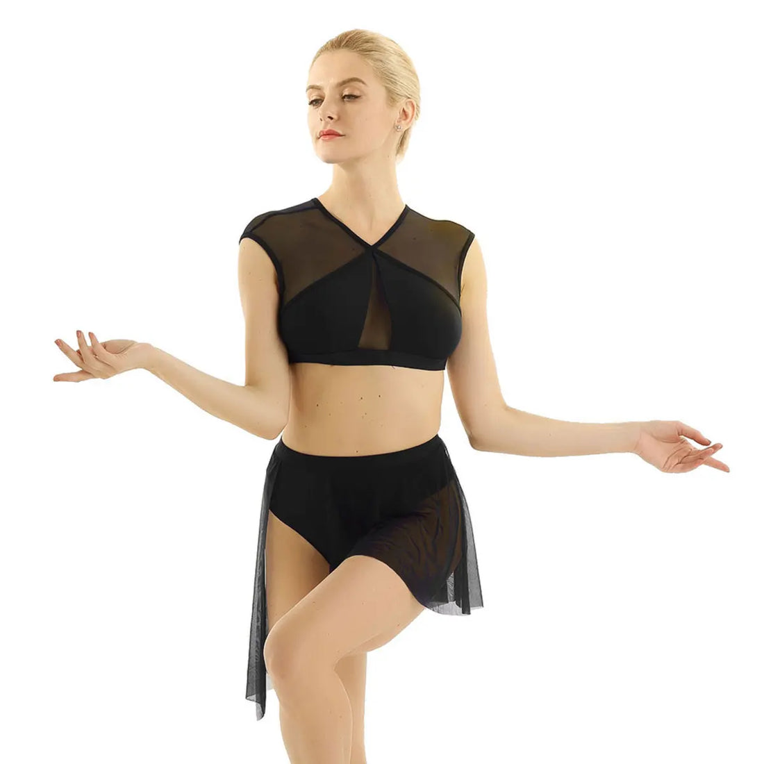 Women Asymmetric Lyrical Dance costume ballet leotard dress Contemporary dance Sleeveless Criss Cross Crop Tops with Short Skirt