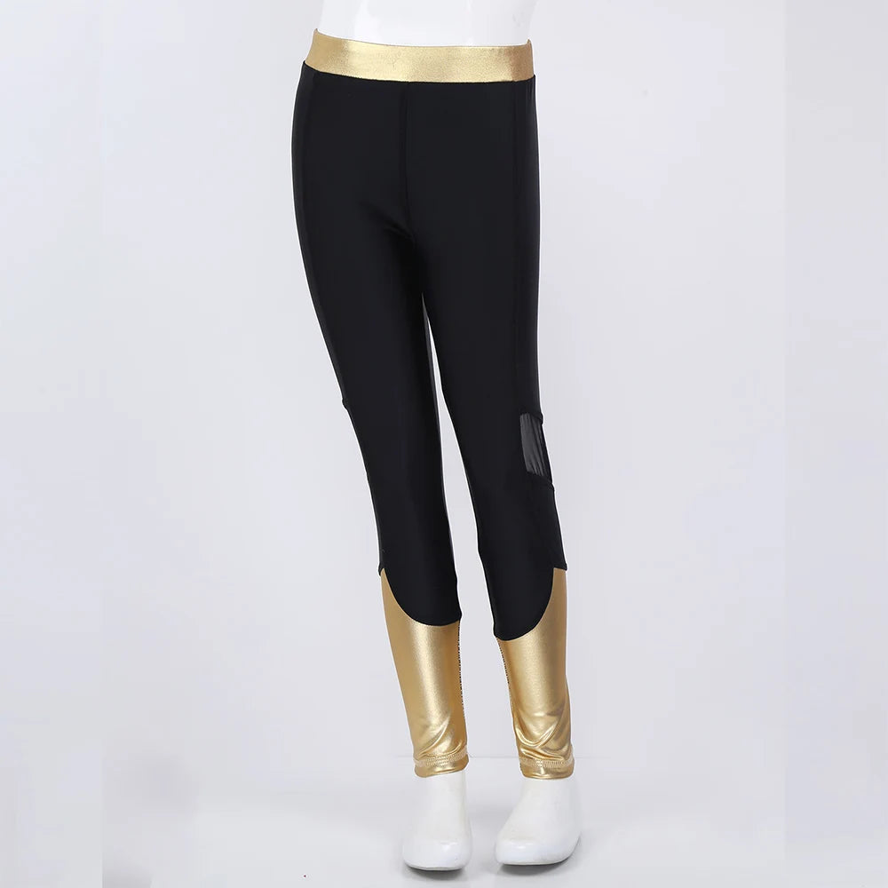 Kids Girls Metallic Leggings Ballet dancewear Elastic Waist Mesh Splice Sport Pants Tights Trousers for Running Yoga Workout