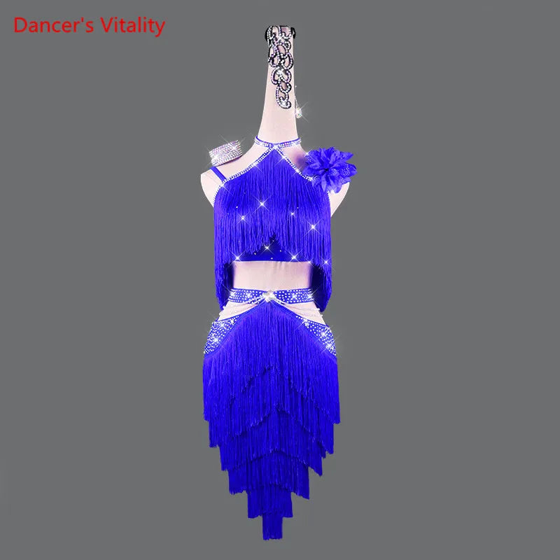Latin Dance Dress Tassel stones Skirt  Performance Clothing Custom Female Adult Child Competition Clothes latin dance Suit