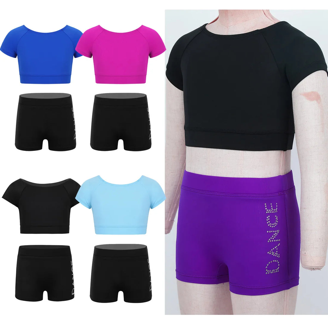 Girls Tankini dance Outfit 2Pcs Short Sleeves Tank Top with Letters Printed Bottoms Ballet Dance Gym Workout Gymnastics leotard