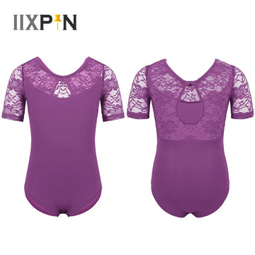 IIXPIN Girls Lace Mesh Ballet Leotards Floral Short Sleeves Keyhole Back Ballet Clothing Dancewear Gymnastics Leotard Jumpsuit