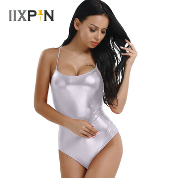 Women Ballet Leotard Bodysuit Patent Leather Ballet Tutu Dance Thong Gymnastics Leotard Shiny Jumpsuit Spaghetti Shoulder Straps