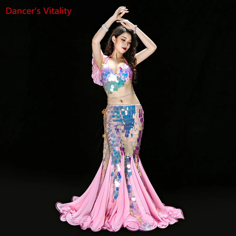 New Belly Dancing Performance Costumes Women's Senior Sequin Bra+Sexy Fishtail Skirt 2pcs Oriental Dance Competition Set