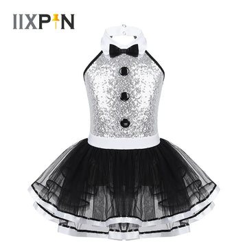 Girls Ballet Tutu Dress Sleeveless Shiny Sequins Decorative Buttons Dance Gymnastics Leotard Mesh Modern Jazz Dance Costume Kids