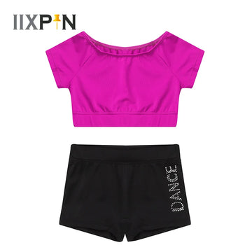 Girls Tankini dance Outfit 2Pcs Short Sleeves Tank Top with Letters Printed Bottoms Ballet Dance Gym Workout Gymnastics leotard