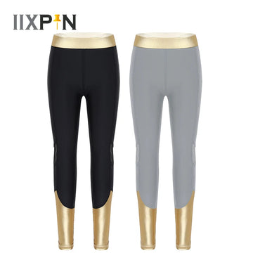 Kids Girls Metallic Leggings Ballet dancewear Elastic Waist Mesh Splice Sport Pants Tights Trousers for Running Yoga Workout
