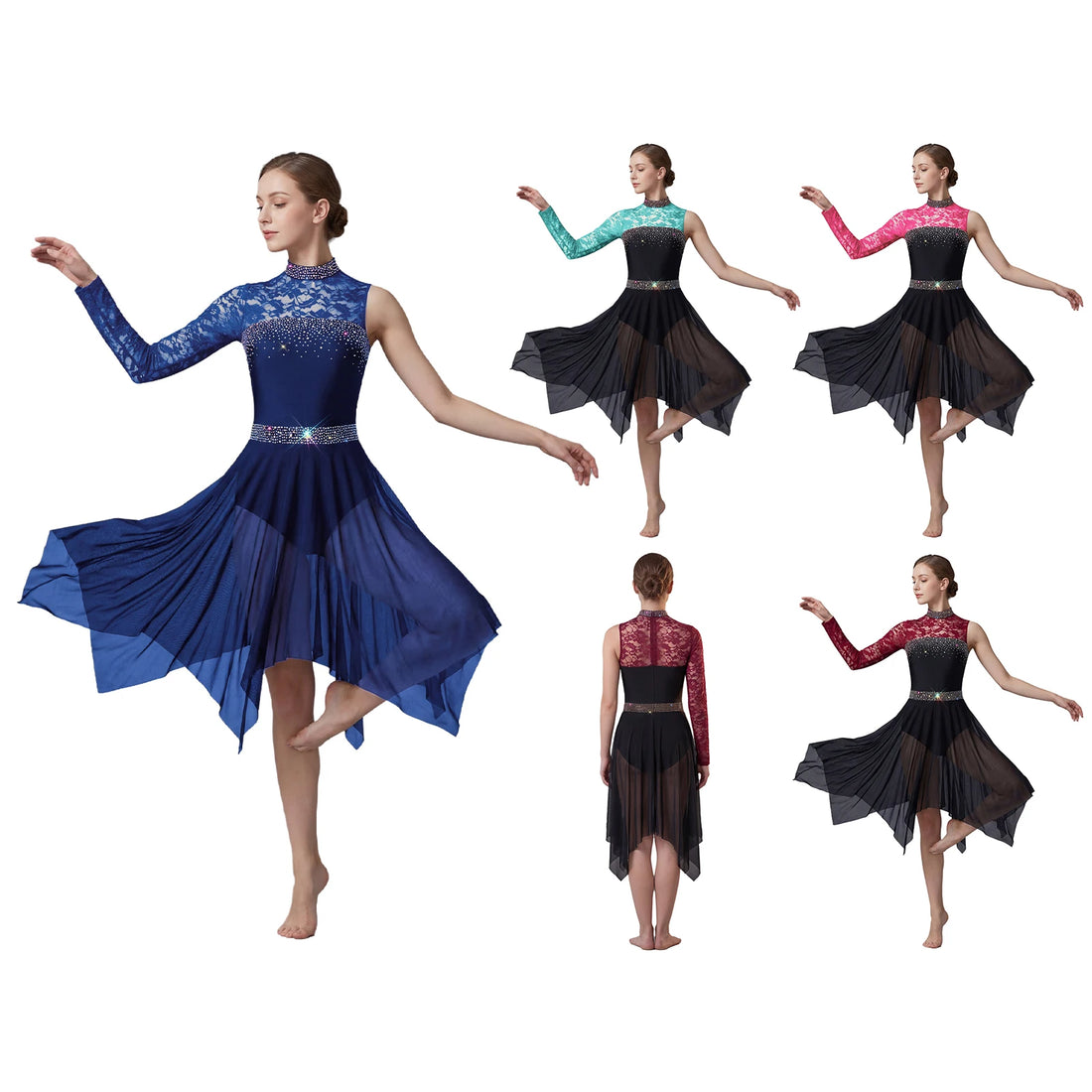 Kids Girl Lyrical Performance Dance Dress Single Long Sleeve Floral Lace Ballet Figure Skating Gymnastics Leotard Mesh Tutu
