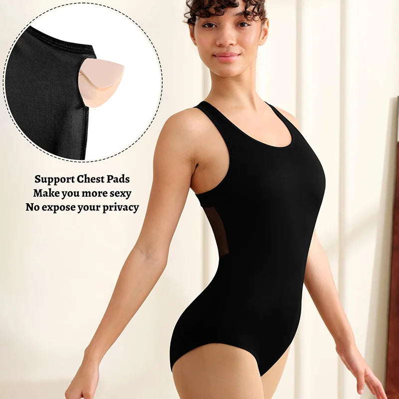 Women Mesh Sleeveless Camisole Ballet Dance Leotard for Adult Gymnastics Tops with Crisscross Straps Hollow Back and Soft Lining