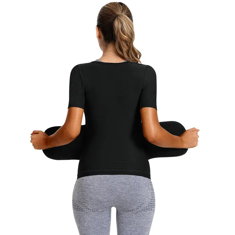 Women Sauna Sweat Suit Short Sleeve for Adult Weight Loss Body Shaper Waist with Underarm Breathable and Adjustable Waist