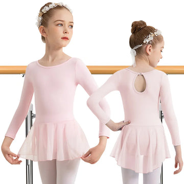 Girls Christmas Long Sleeve Dress Ballet Dance Leotards for girl Gymnastics Skirts with Water-drop Hollow Back and Fold Button