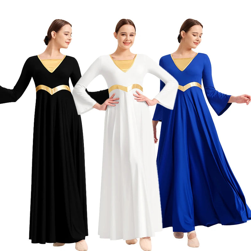 Women's Praise Dance Dress Long Swing Liturgical Worship Church Robe Dress Lyrical Dancewear Metallic Splicing Freely Cut ﻿
