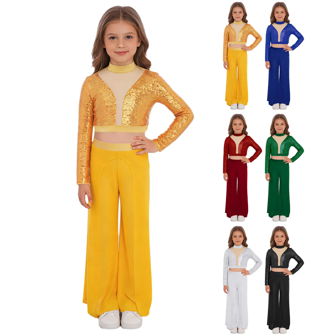 Kids Girls Two-Piece Lyrical Dance Outfit Long Sleeve Cutout Back Sequins Crop Top with Sheer Mesh Pants Competition Clothes