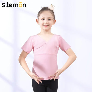 S.lemon Kids Ballet Short Sleeve Exam Dancewear 90-160cm Cotton Breathable Crisscross Front Girls Figure Training Outfit