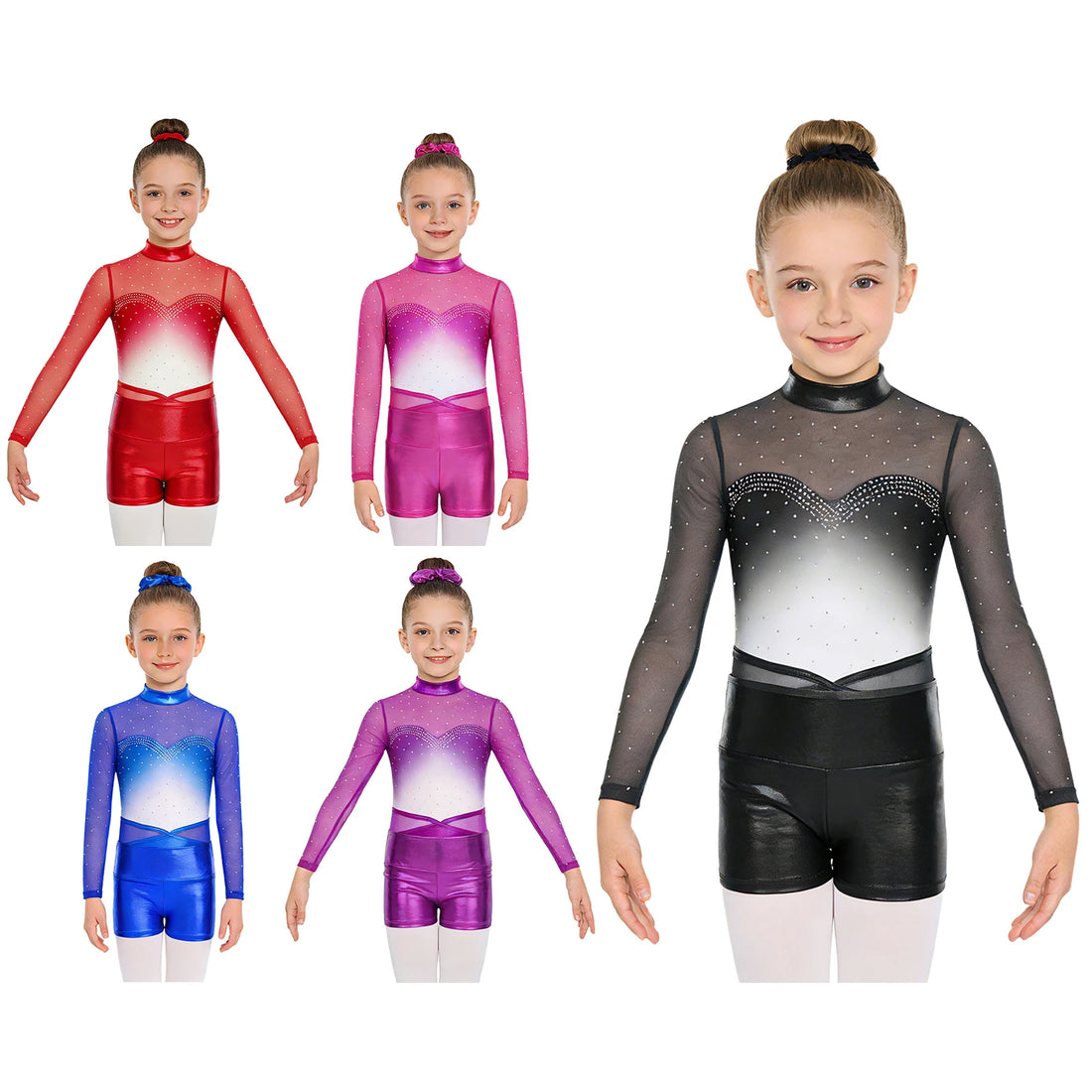 Kids Girls Shiny Rhinestone Gymnastics Leotards Ballet Dance Bodysuit with Shorts Hairband Set Ballet Jersey Unitard Costume