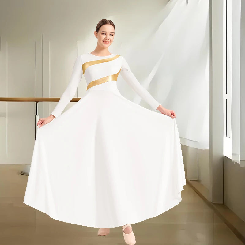Women's Loose Fit Full Length Praise Moden Dance Dress Long Sleeve Church Dancewear Metallic Costume with Freely Crop Skirts