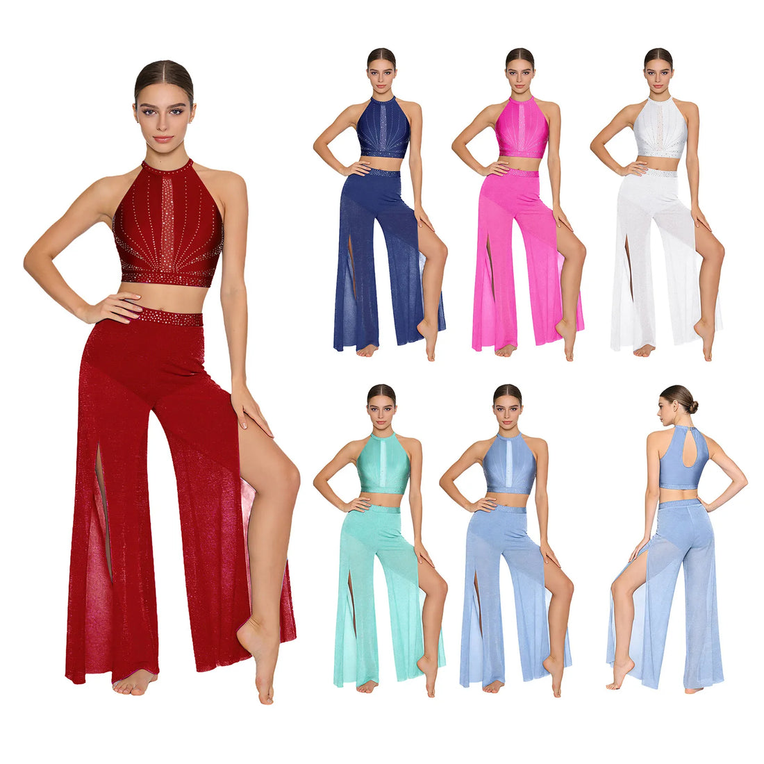Women Lyrical Modern Dance Suit Costume Figure Skating Ballet Dance Set Rhinestone Crop Top And Built-in Briefs Pants Outfit
