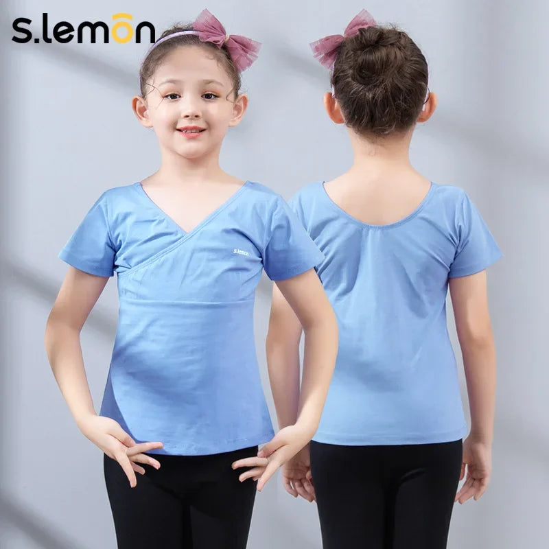S.lemon Kids Ballet Short Sleeve Exam Dancewear 90-160cm Cotton Breathable Crisscross Front Girls Figure Training Outfit