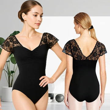 Women's Lace Short Sleeve Ballet Dance Leotard for Adult Gymnastics Tops with Drawstring Neckline and Soft Lining Dance Leotards
