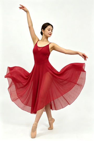 U Neckline Crisscross Back Women's Contemporary Dance Costume with Ruffled Mesh Long Skirt Performance Dress