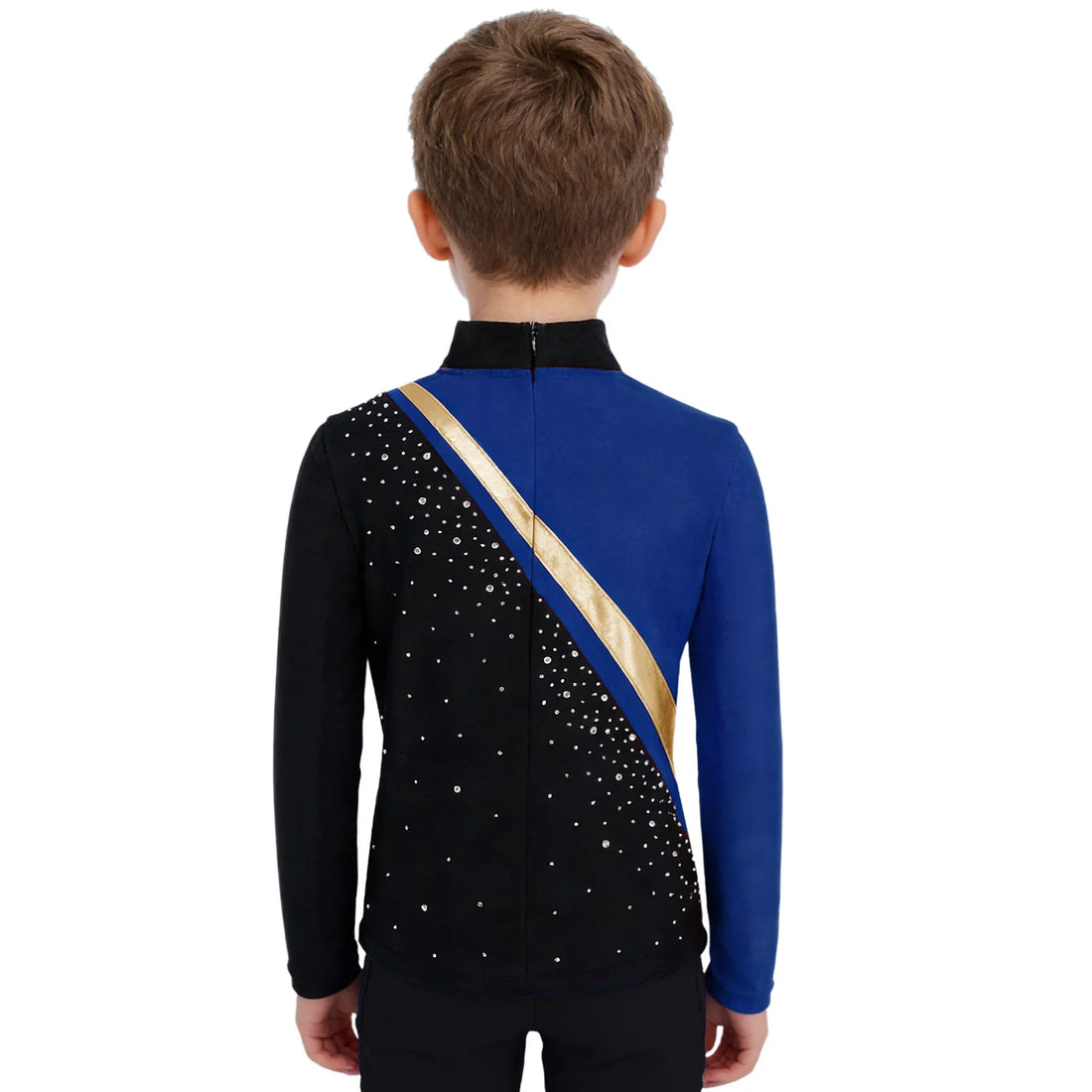 Kid Boys Figure Skating T-Shirts Top Costume Long Sleeve Rhinestones Dancewear for Latin Ballet Dance Roller Skating Performance