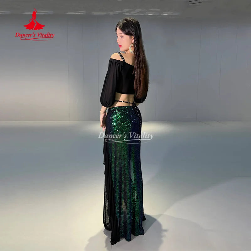 Belly Dance Costume Set for Women Short Sleeves Top+split Long Skirt 2pcs Oriental Professional Set Belly Dancing Wear Outfit