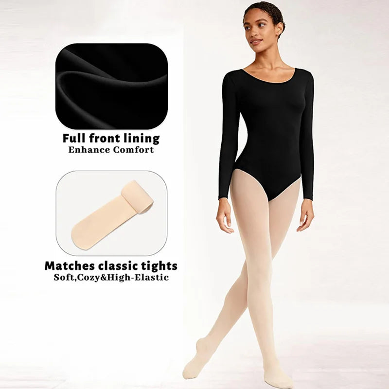 Women's 2Pcs Team Basic Long Sleeve Ballet Dance Leotards for adult Gymnastics Dance Set with Lining and Dance Tights Socks