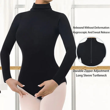 Women Black Turtleneck Long Sleeve Ballet Dance Leotard for Adult Dance Gymnastics Top with Snap Buttons Closure and Zipper Back