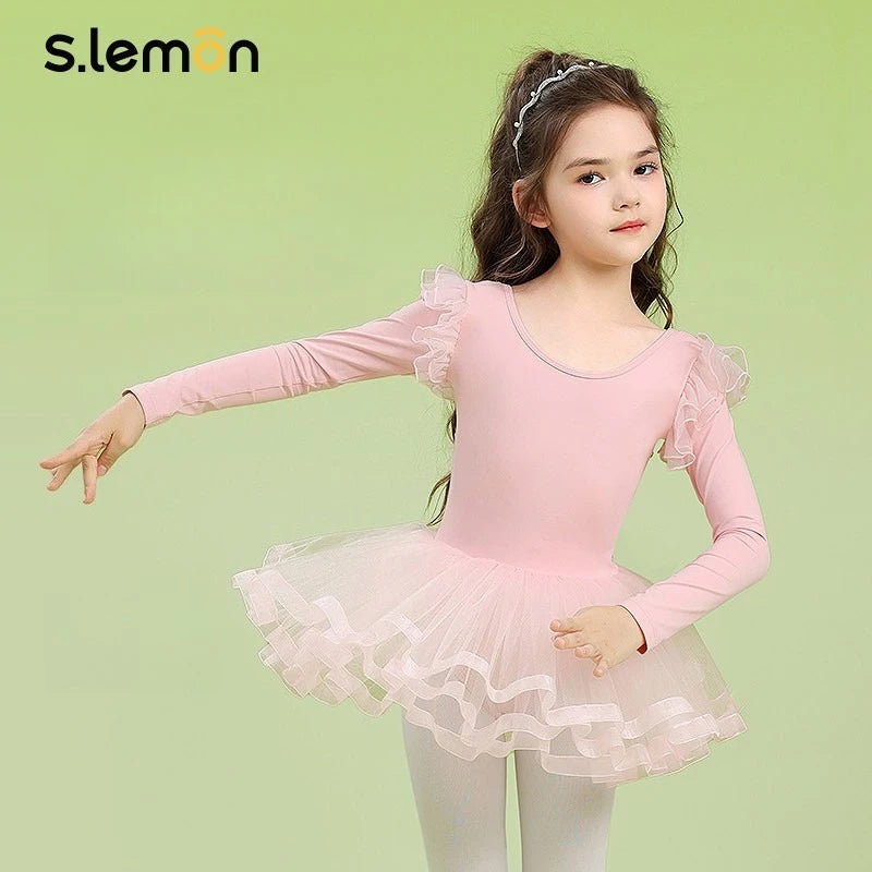 Girls Ballet Leotard Skirt Long Sleeve Kids Chinese Dance Tulle Puffy Gymnastics Bodysuit