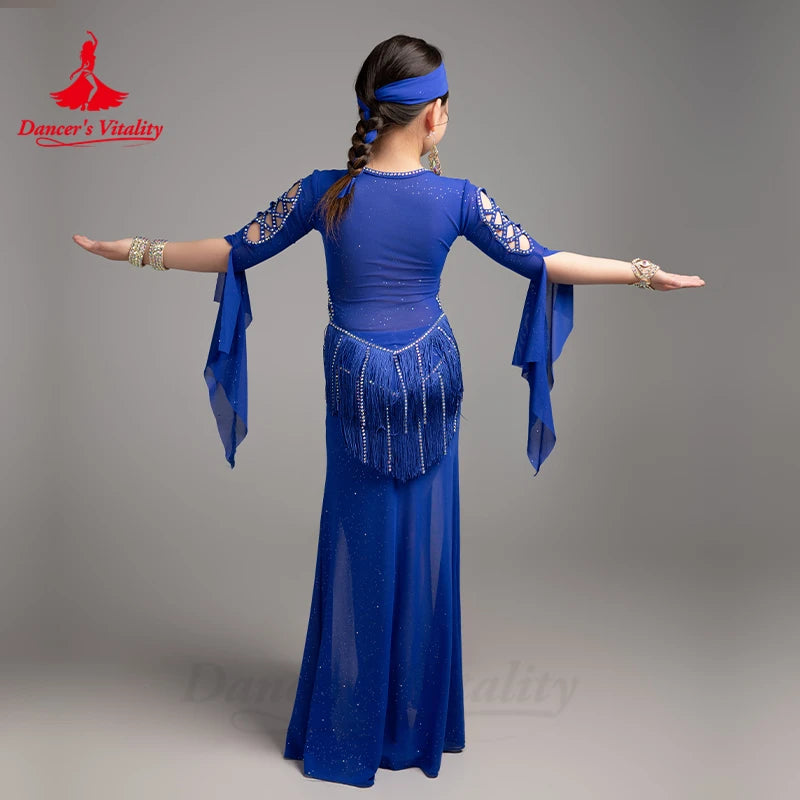 Belly Dance Kid Performance Costumes Advanced AB Stones Tassel Breathable Mesh Dress for Girls Oriental Belly Dancing Wear Outfi