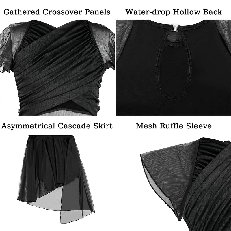 Women Lyrical Modern Dance Dress Top with Asymmetric High-Low Mesh Skirted and Water-drop Hollow Back Ballet Dance Costume