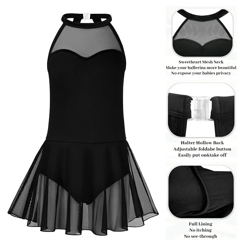 Girls Halter Sleeveless Dress Ballet Dance Leotards for kid Gymnastics Dance Skirts with Water-drop Back and Soft Lining Dress