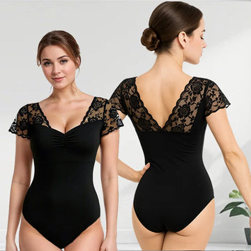 Women's V Neck Lace Short Sleeve Ballet Dance Leotard for Adult Gymnastics Top with Lace Hollow V Back and Lining Dance Leotards