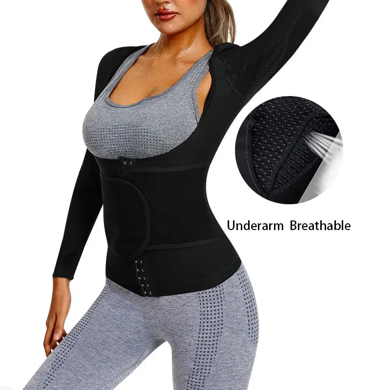 Sauna Sweat Suits for Women Weight Loss Body Shaper Hot Waist Long Sleeve with Adjustable Waist Belt and Underarm Breathable