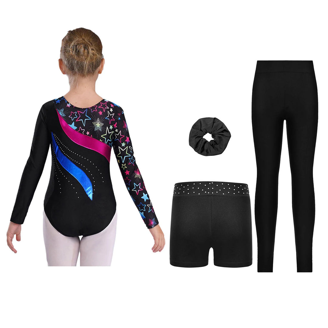 Gymnastics Leotard for Girls Long Sleeve Dance Unitard Tumbling Outfit with Shorts Leggings Hair Tie Fitness Sportswear Set