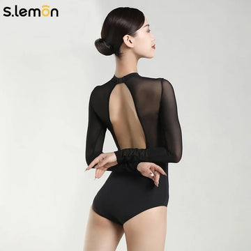 S.lemon Adult Ballet Leotards,Long Sleeve Mesh/Lace Dance Leotard Stand-up V-neck with Deep U-shaped Back for Adult Women Girls
