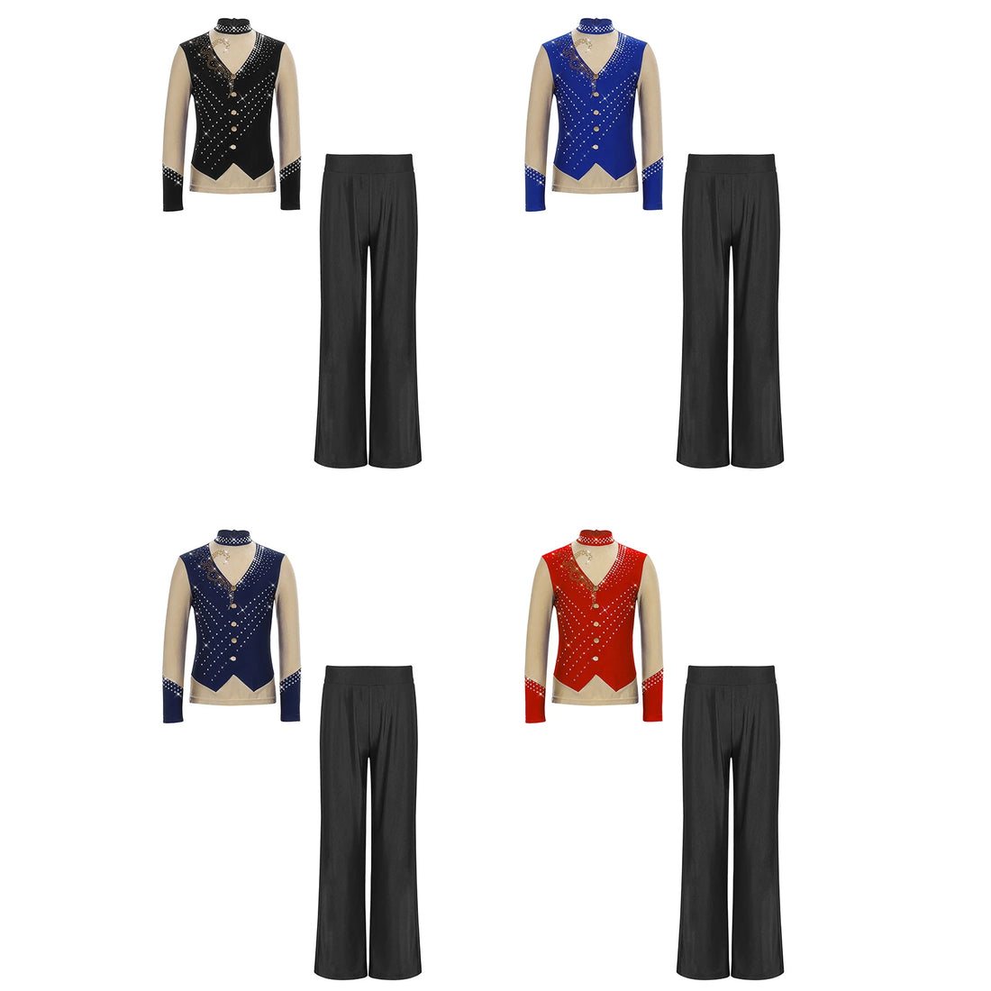 Kids Boys Artistic Figure Skating Outfit Long Sleeve Sparkle Rhinestone Training Top with Pants Set Ballet Performance Dancewear