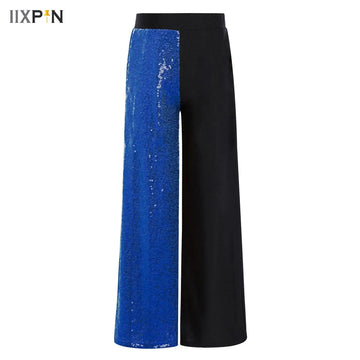 Kids Girls Lyrical Modern Dance Performance Pants Sequins Patchwork Ballroom Dance Worship Praise Wide-Leg Mesh Trousers Costume