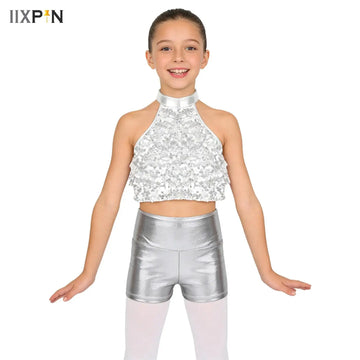 Girls Sequins Jazz Latin Dance Outfits Halter Crop Top with Metallic Shorts Suit for Salsa Samba Rumba Cheerleading Performance