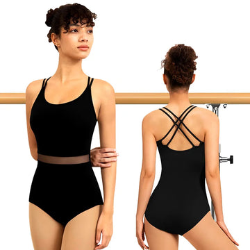 Women's Sleeveless Camisole Ballet Dance Leotards for Adult Gymnastics Tank Tops with Waist Mesh and Double Back Straps Bodysuit