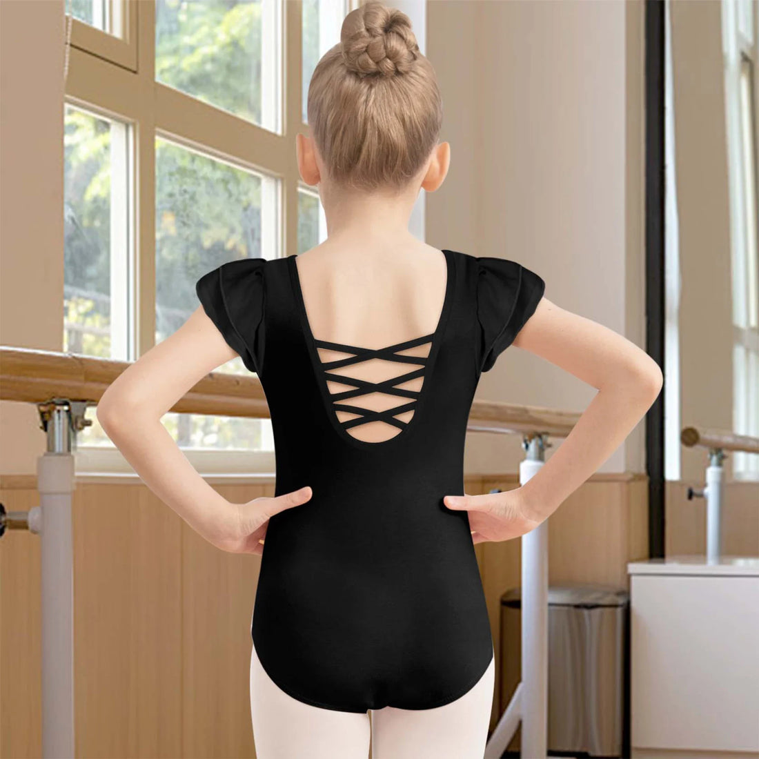 Girls Black Ballet Leotards Double Chiffon Sleeves Gymnastic Dance Leotards  Crisscross Straps Back Dancewear ﻿