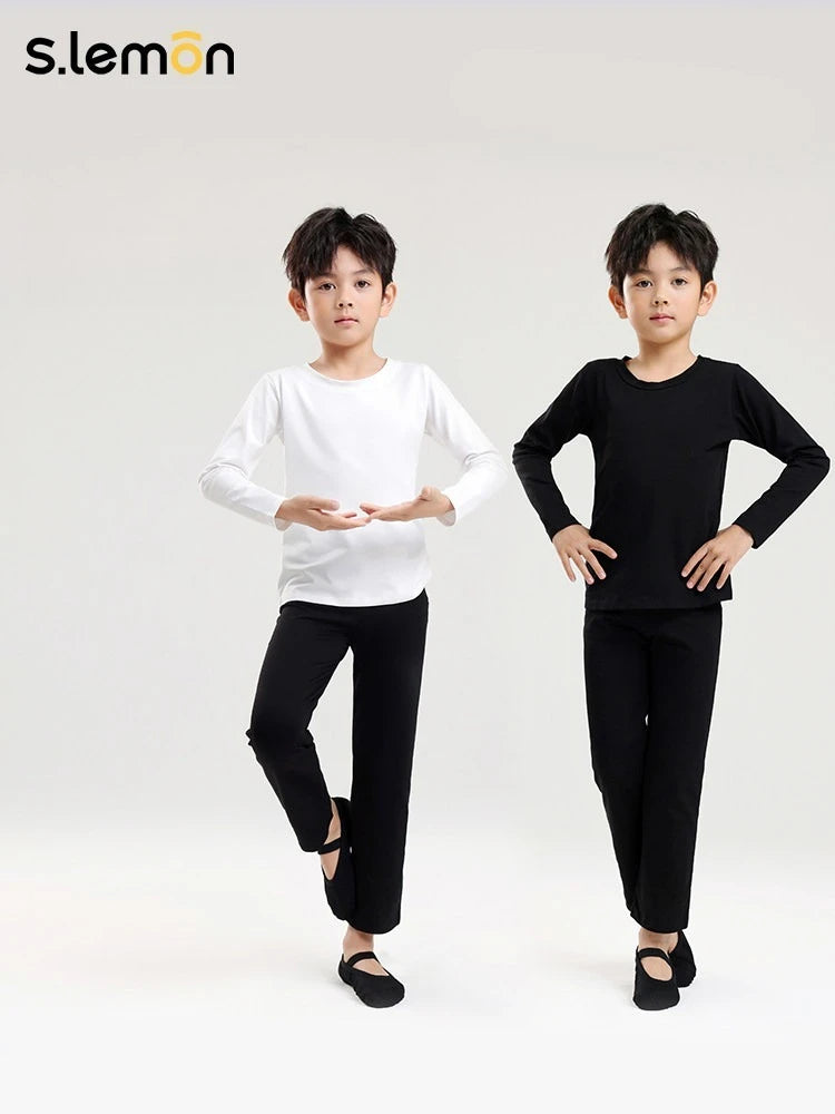 Boys' White Long Sleeve Cotton-Spandex Dance T-Shirt – Ballet Chinese Latin Practice Top for Kids