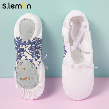 S.lemon Ballet Slippers Adult Women White Tie-On – Soft Sole Cat Paw Dance Shoes for Teachers & Studio Practice