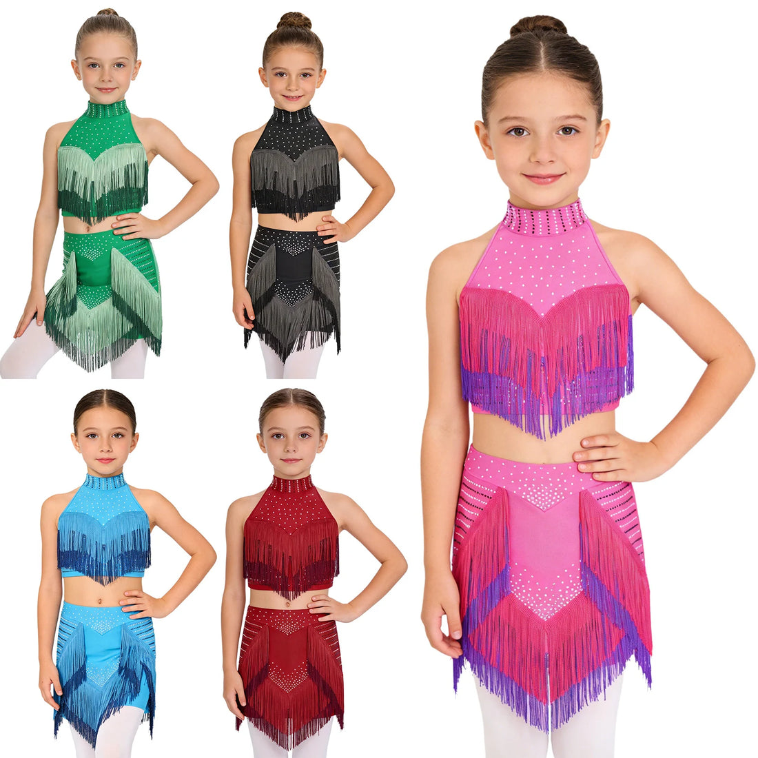 2Pcs Girls Latin yrical Modern Dance Outfit Jazz Ballet Gymnastic Dancewear Crop Top and Skirt Rhinestone Dancer Costume