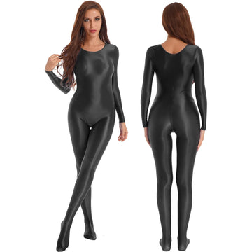 Women's Sexy Long Sleeve Jumpsuit Shaping Bodysuit Elastic Oil Glossy Candy Color Unisex Leotard for Exotic Club Wear