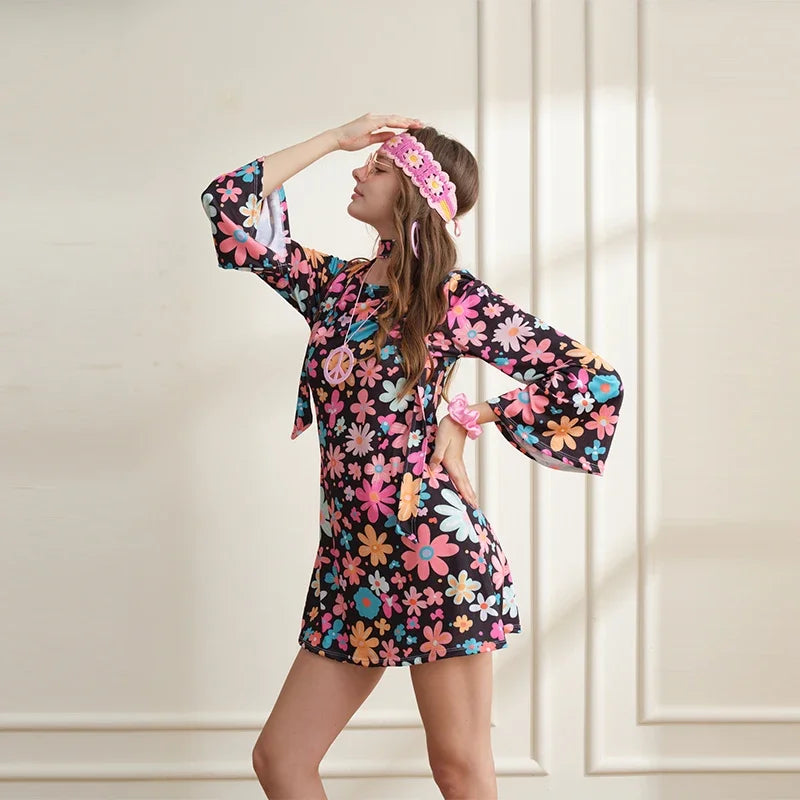 7 Piece Disco Outfit  Hippie Costume Women  Flower Pattern Retro Style Clothes Dress Peace Sign Accessories Jewelry Halloween