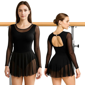 Women's Mesh Long Sleeve Dance Dresses for Adult Gymnastics Ballet Dance Skirts with Hollow Back and Round Neck Dance Dresses