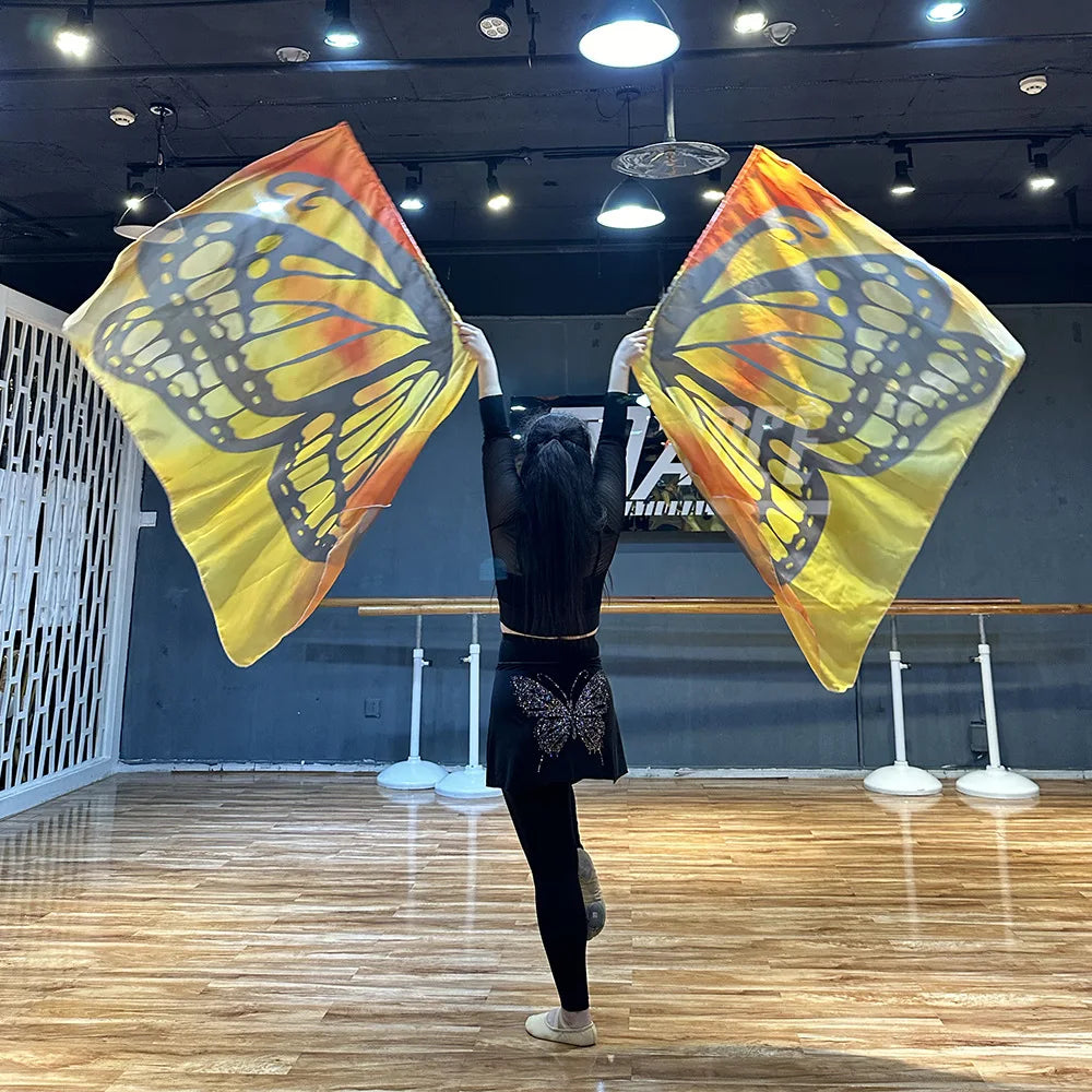 2pcs Praise Dance Worship Flags with Scalable Rod Rectangle Butterfly Wing Flag Church Praise Banner Practice Performance