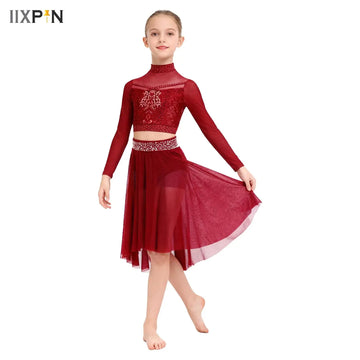Big Girls Lyrical Dance Set Rhinestones Crop Tops with Side Slit Irregular Mesh Skirt Modern Contemporary Competition Dancewear