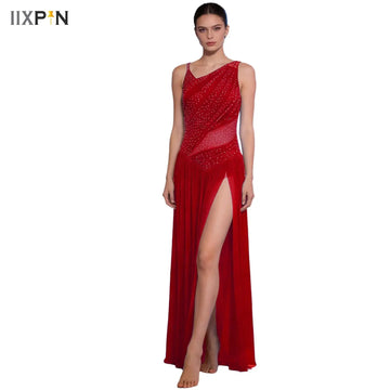 Lyrical Ballet Performance Costume Adult Female Shiny Ruched Dress for Gymnastics Figure Skating Ballroom Modern Dance-wear