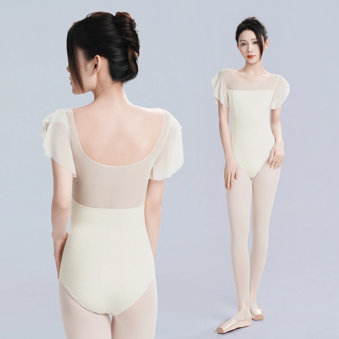 Woman Ballet Leotards Fluttler Short Sleeves Leotards Mesh Splice Ballet Bodysuit Adult Gymnastics Ballerina Leotard Swimwear